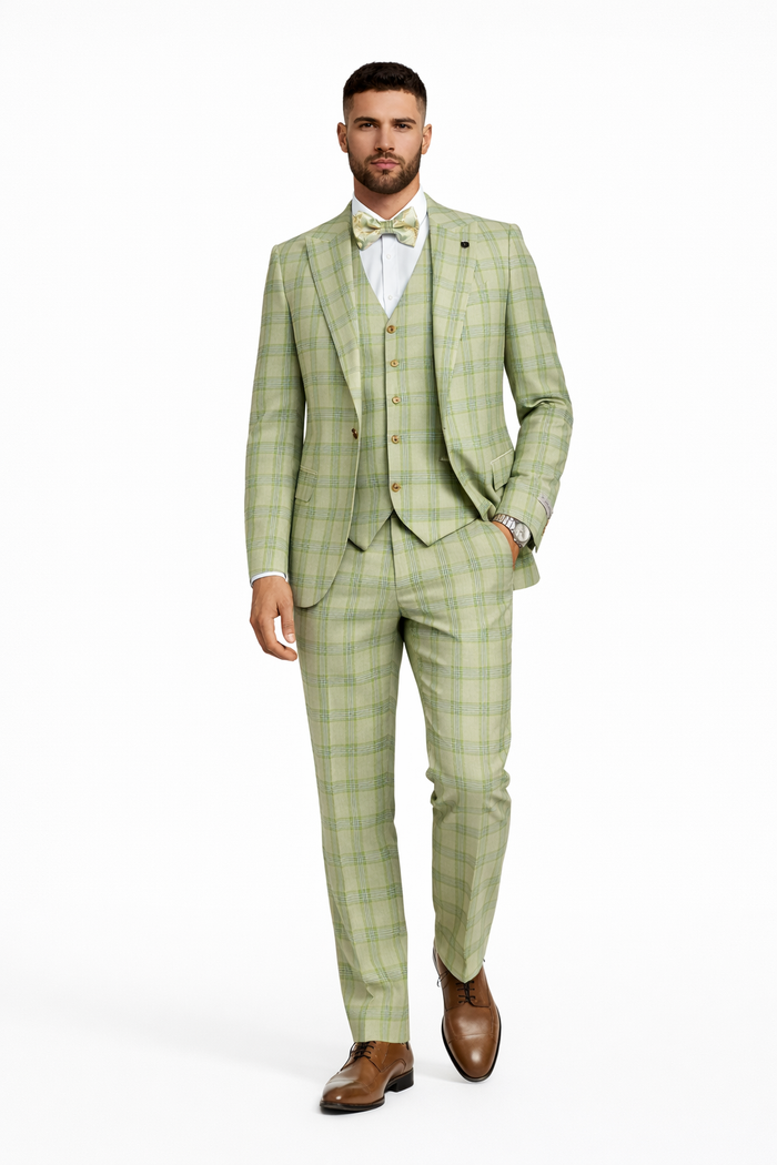 "Mens Stacy Adams Suit - Stacy Adams Men's Plaid Suit with Paisley Vest & Bow Tie - Sage Green"
