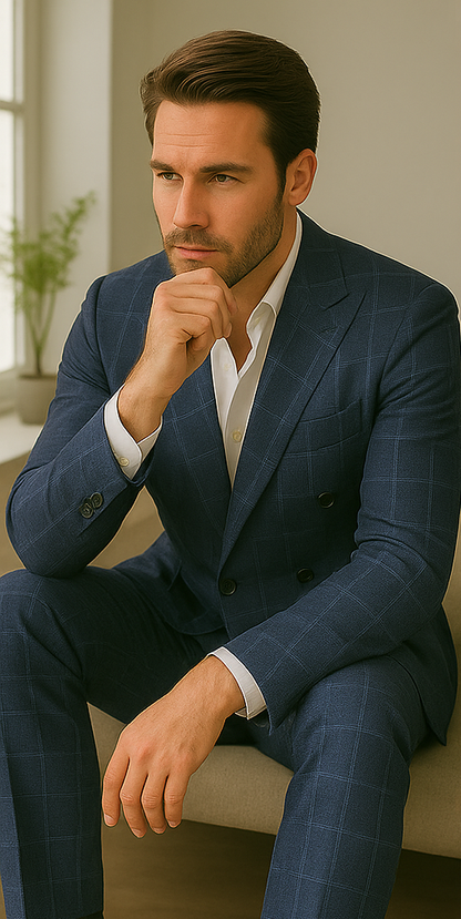 Wool Suit - Italian Made Business Suit by Statement Men's 100% Wool 2 Piece Suit - Double Breasted Plaid