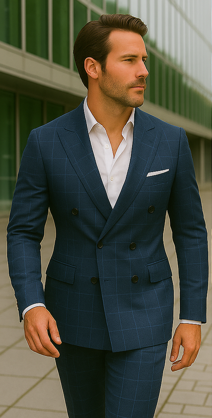 Wool Suit - Italian Made Business Suit by Statement Men's 100% Wool 2 Piece Suit - Double Breasted Plaid