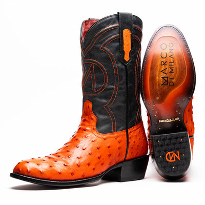Marco Di Milano Savannah Orange Ostrich Quill Round Toe Cowboy Boots 1   - from alligatorwarehouse.com