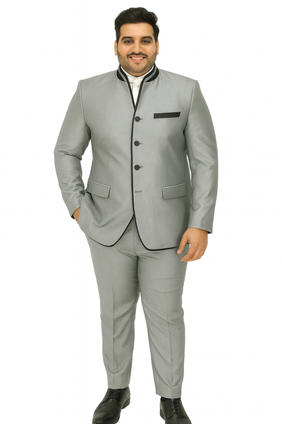 Mens 4 button Mandarin Tuxedo in Sharkskin Silver Grey with Black Trim 7 18-6081  - from alligatorwarehouse.com