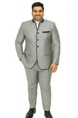 Mens 4 button Mandarin Tuxedo in Sharkskin Silver Grey with Black Trim