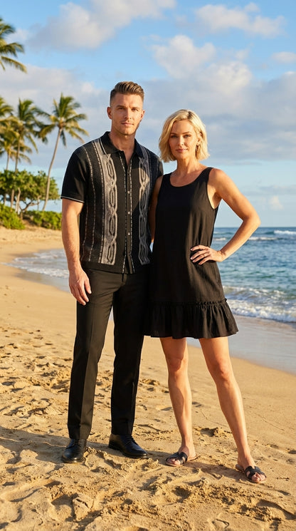 Mens Black and Gray Pattern Walking Suit Set – Short Sleeve Knit Shirt and Pants Casual Outfit for Summer, Travel and Everyday Wear