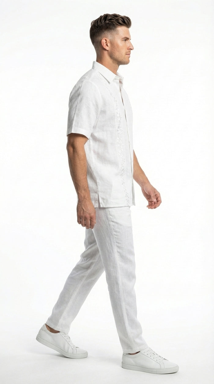 Men’s White Embroidered Walking Suit Set, Short Sleeve Shirt and Pants Casual Summer Outfit