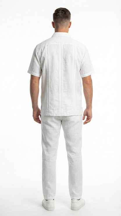 Mens White Embroidered Walking Suit Set – Short Sleeve Shirt and Pants Casual Summer Outfit for Vacation, Beach and Everyday Wear