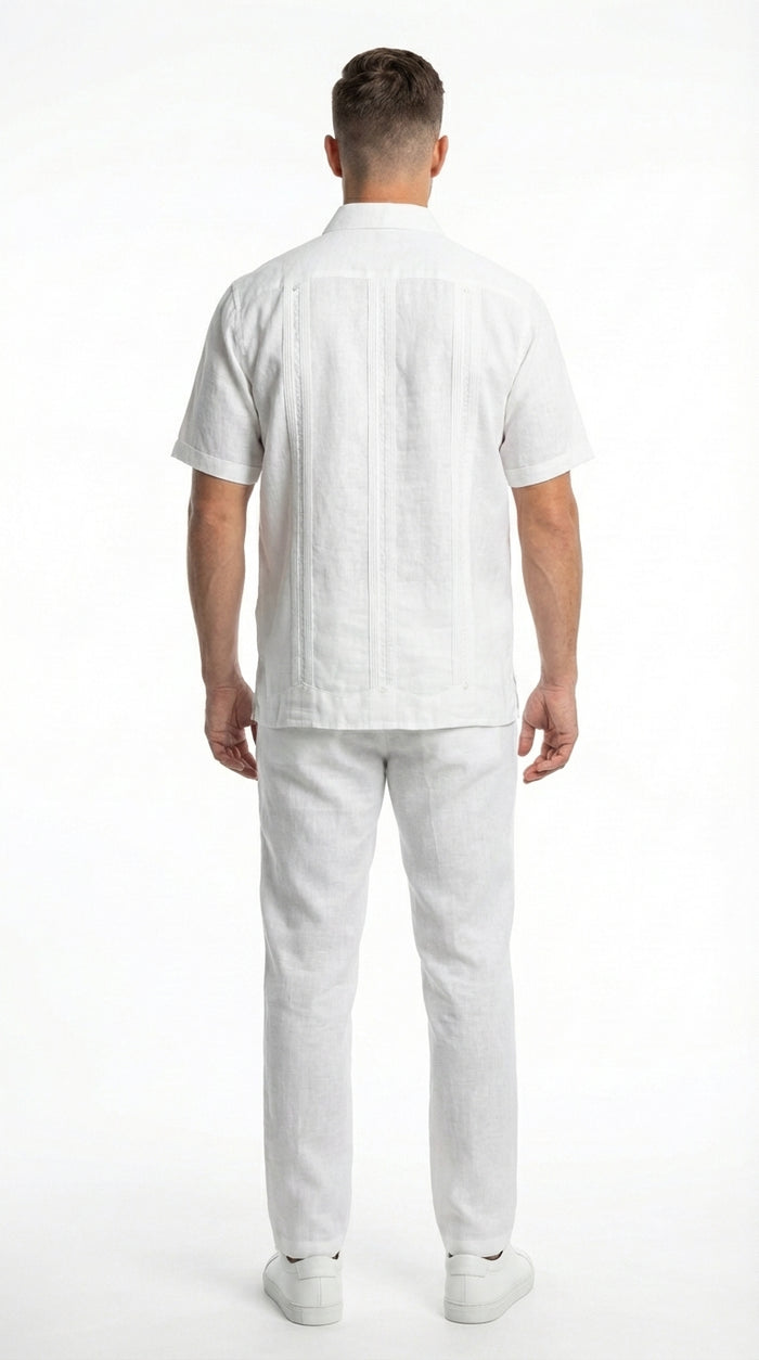 Men’s White Embroidered Walking Suit Set, Short Sleeve Shirt and Pants Casual Summer Outfit