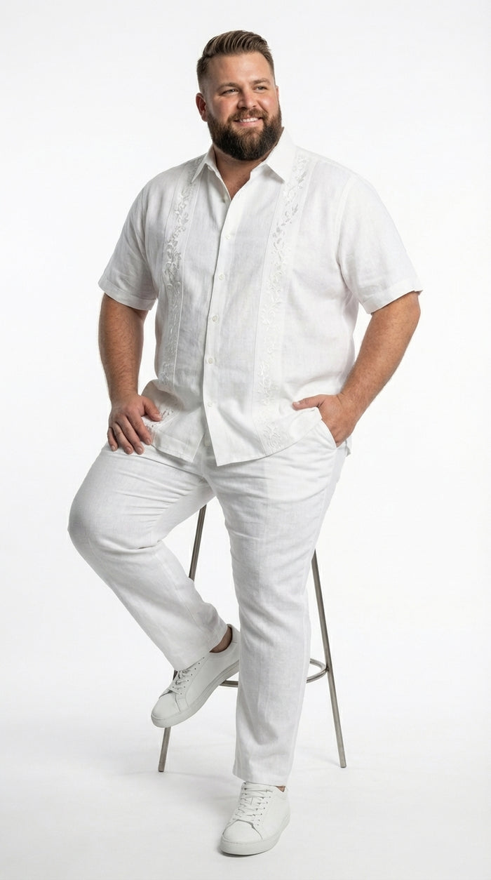 Men’s White Embroidered Walking Suit Set, Short Sleeve Shirt and Pants Casual Summer Outfit