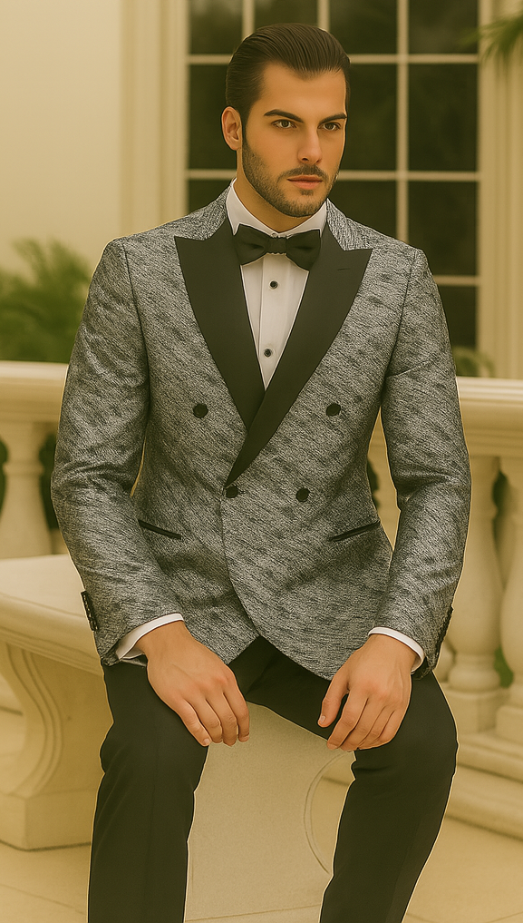 Silver Double Breasted Rough Streak Pattern Satin Peak Lapel Stacy Adams Men's Jacket 3   - from alligatorwarehouse.com