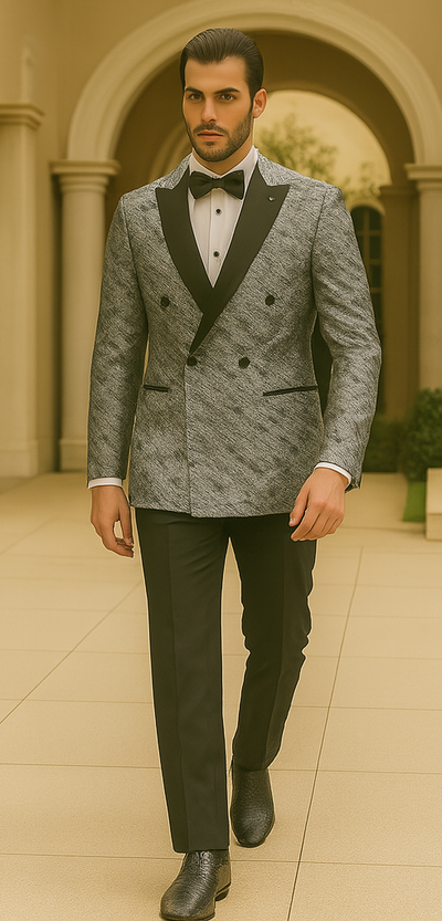 Silver Double Breasted Rough Streak Pattern Satin Peak Lapel Stacy Adams Men's Jacket 4   - from alligatorwarehouse.com