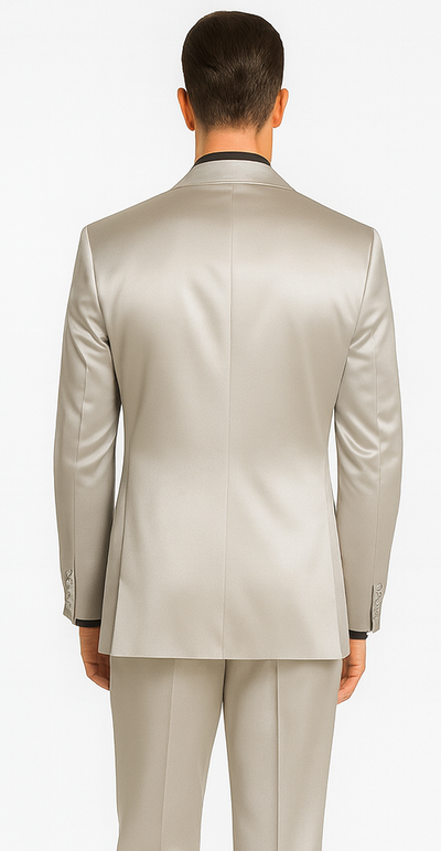 Silver Satin Double Breasted Peak Lapel 3 Piece Skinny Fit Tazzio Men's Suit with Matching Bowtie 3 M390SK-08-34S  - from alligatorwarehouse.com