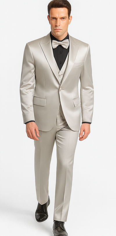 Silver Satin Double Breasted Peak Lapel 3 Piece Skinny Fit Tazzio Men's Suit with Matching Bowtie 5 M390SK-08-34S  - from alligatorwarehouse.com