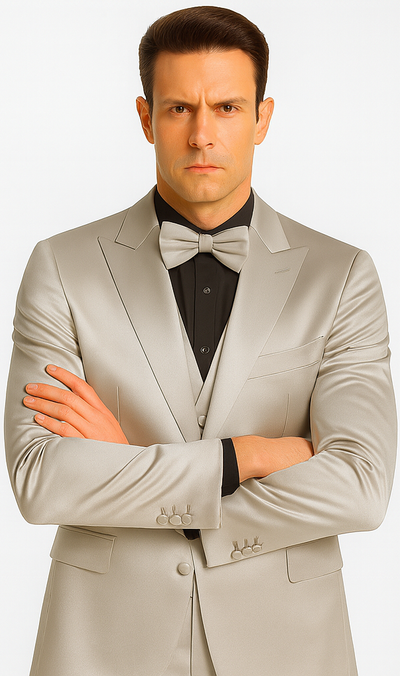 Silver Satin Double Breasted Peak Lapel 3 Piece Skinny Fit Tazzio Men's Suit with Matching Bowtie 6 M390SK-08-34S  - from alligatorwarehouse.com