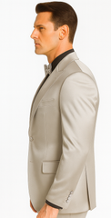Silver Satin Double Breasted Peak Lapel 3 Piece Skinny Fit Tazzio Men's Suit with Matching Bowtie