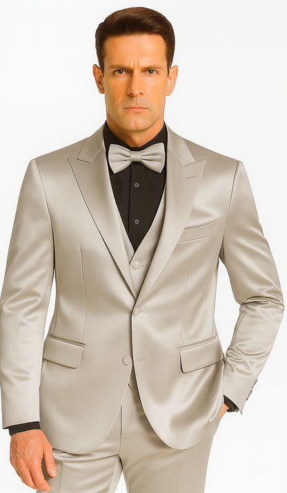 Silver Satin Double Breasted Peak Lapel 3 Piece Skinny Fit Tazzio Men's Suit with Matching Bowtie