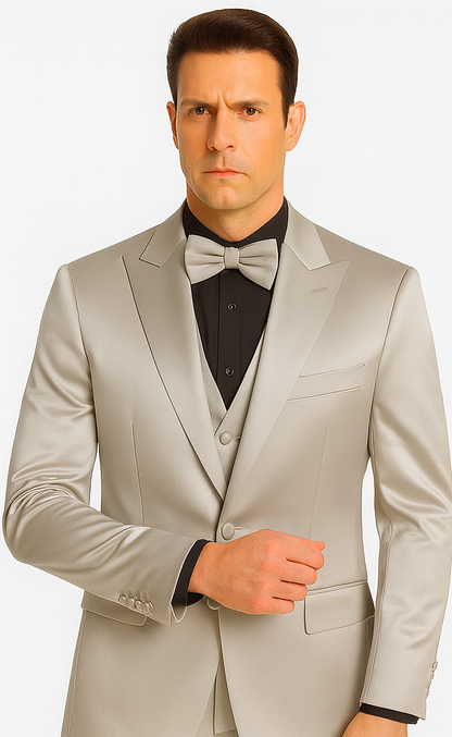 Silver Satin Double Breasted Peak Lapel 3 Piece Skinny Fit Tazzio Men's Suit with Matching Bowtie