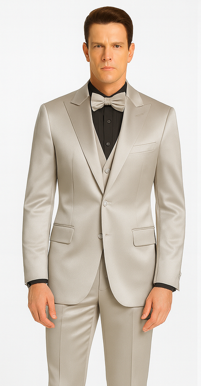 Silver Satin Double Breasted Peak Lapel 3 Piece Skinny Fit Tazzio Men's Suit with Matching Bowtie 2 M390SK-08-34S  - from alligatorwarehouse.com
