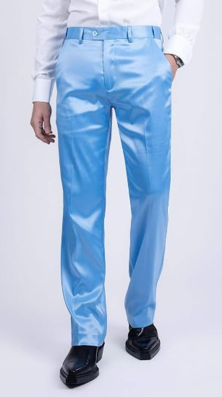 Mens Shiny Stretch Pants Solid Color Slim Fit Sateen Flashy Metallic Slacks in Color "Sky Blue"