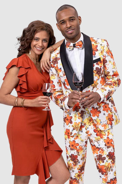 Sleek Orange Floral Square Shawl Tuxedo by EJ Samuel 1 JP101-BlkOrange-40  - from alligatorwarehouse.com