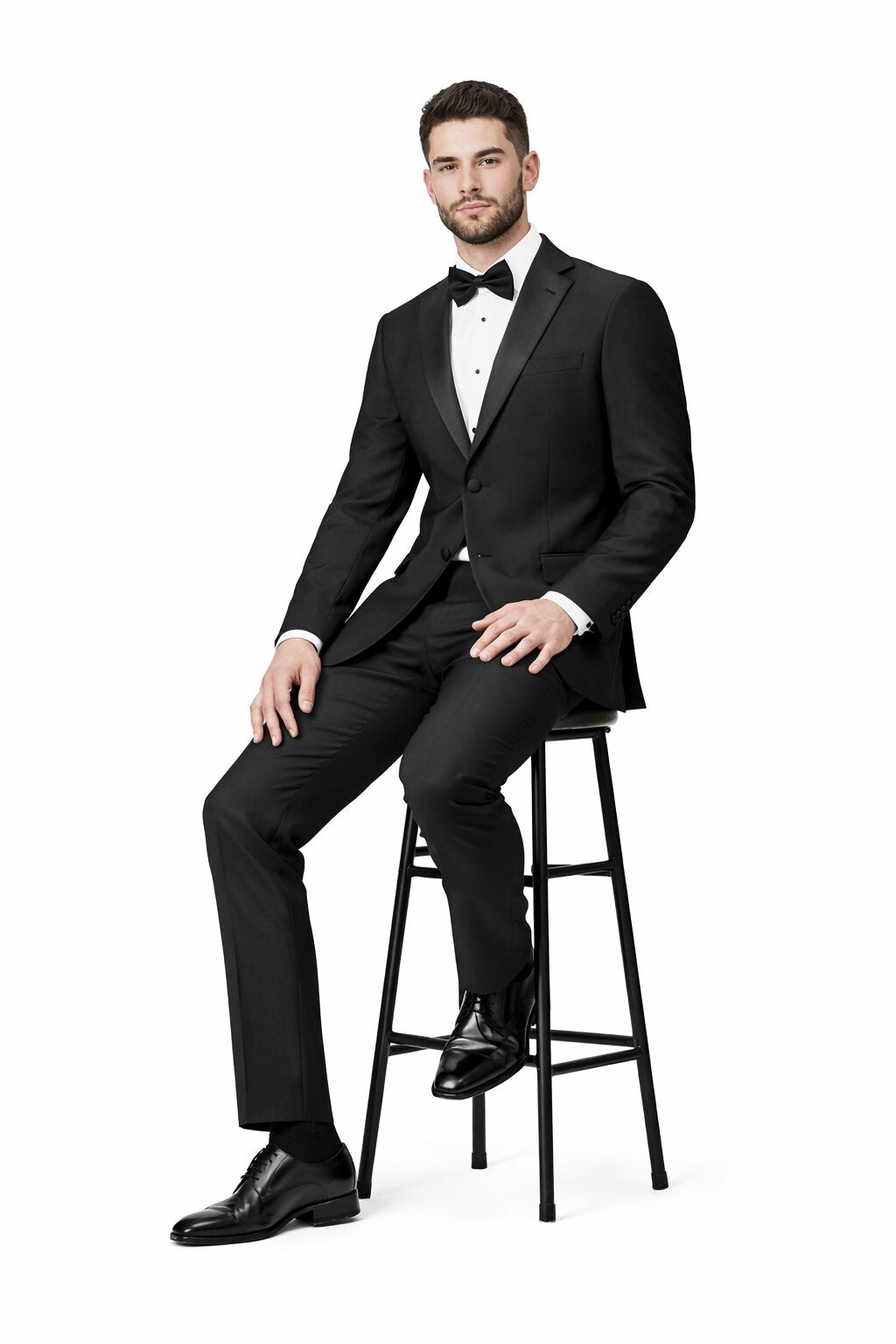 Tiglio Mens Slim Fit Black Wool Tuxedo – Satin Peak Lapel Formal Dinner Suit