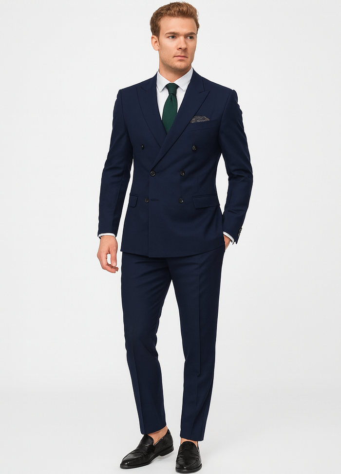 Slim Fit Double Breasted Suit Gold Buttons - Navy Suit - Designer Wool Suits