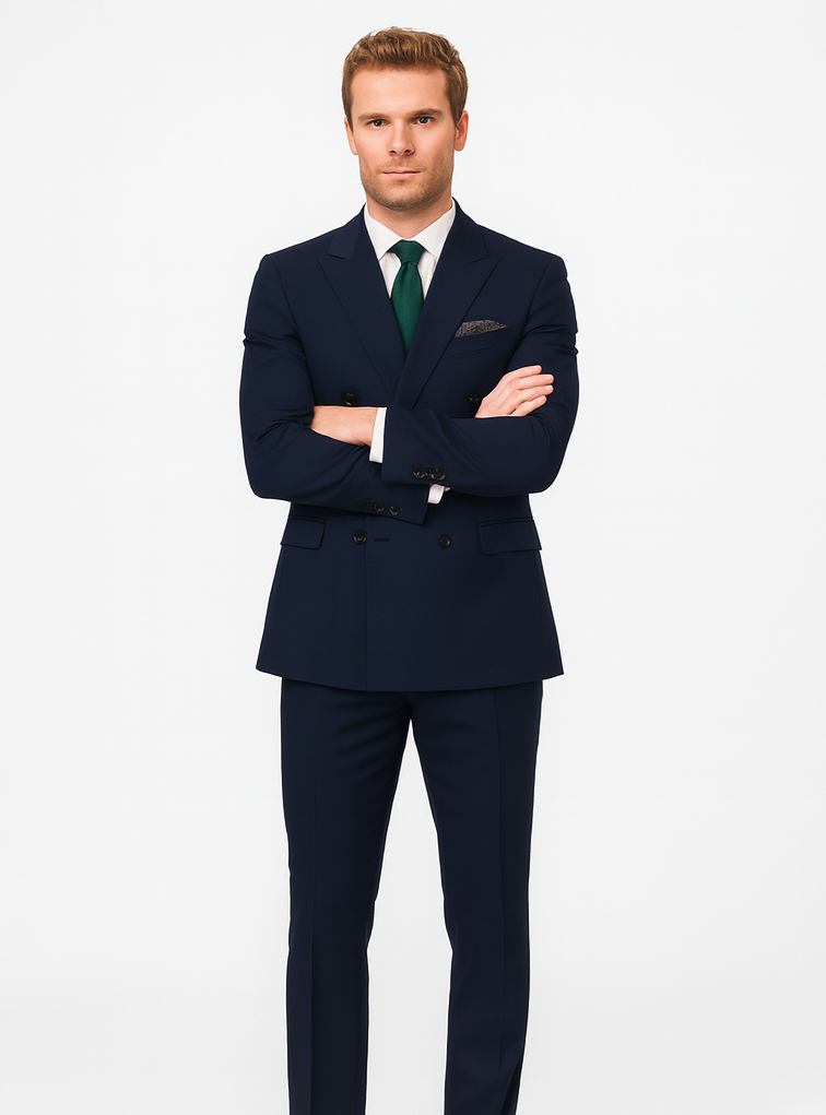 Slim Fit Double Breasted Suit Gold Buttons - Navy Suit - Designer Wool Suits