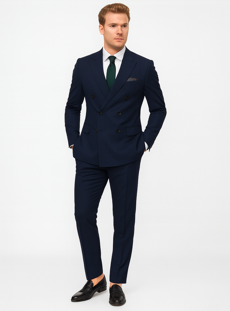 Slim Fit Double Breasted Suit Gold Buttons - Navy Suit - Designer Wool Suits