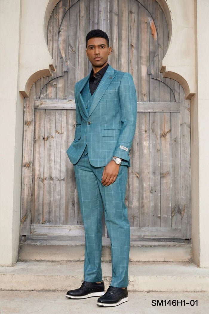 Plaid  Stacy Adams Men's 3-Piece Hybrid Windowpane Plaid Suit Classic Cut