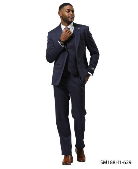 Stacy Adams Men's 3 Piece Hybrid Fit Suit - Glen Check Pattern