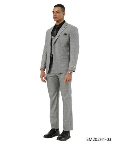 Stacy Adams Men's 3 Piece Hybrid Fit Suit - Subtle Windowpane Plaid