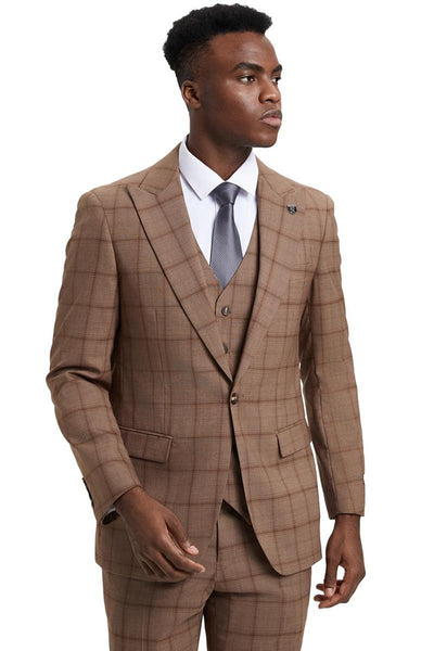 Men's Stacy Adams One Button Vested Suit in Light Brown Windowpane Plaid 1 SM169H1-91-38R  - from alligatorwarehouse.com
