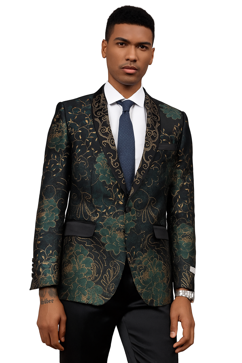 Men's Stacy Adam's Designer Prom & Wedding Tuxedo Jacket In Green & Gold Floral Paisley