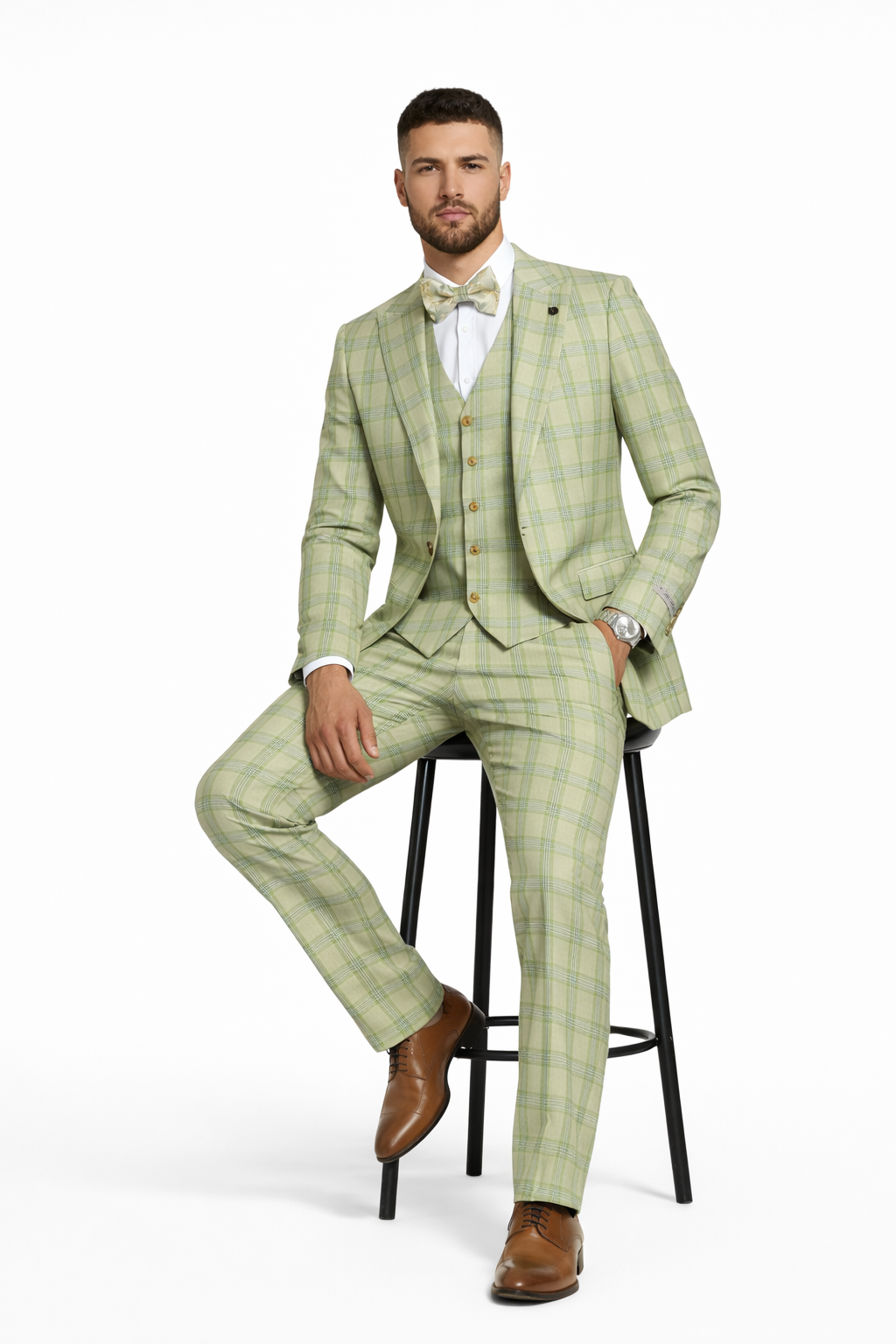 "Mens Stacy Adams Suit - Stacy Adams Men's Plaid Suit with Paisley Vest & Bow Tie - Sage Green"