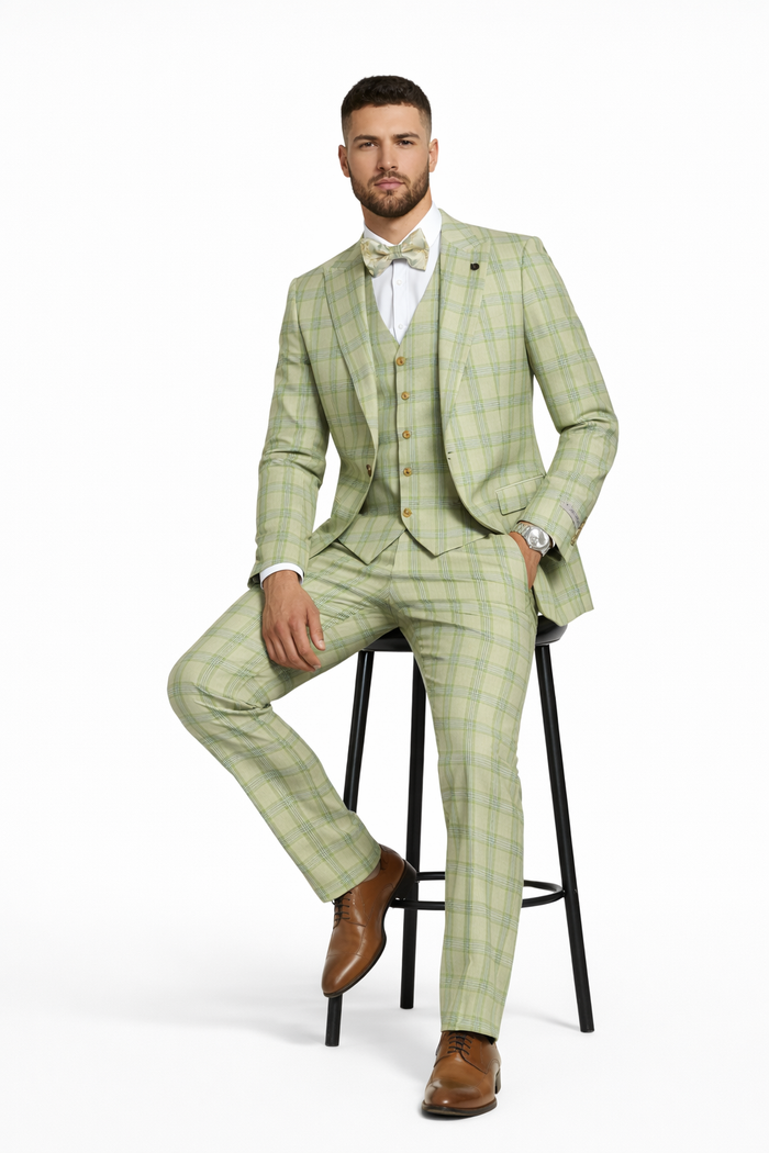 "Mens Stacy Adams Suit - Stacy Adams Men's Plaid Suit with Paisley Vest & Bow Tie - Sage Green"