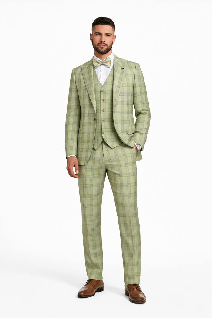 "Mens Stacy Adams Suit - Stacy Adams Men's Plaid Suit with Paisley Vest & Bow Tie - Sage Green"