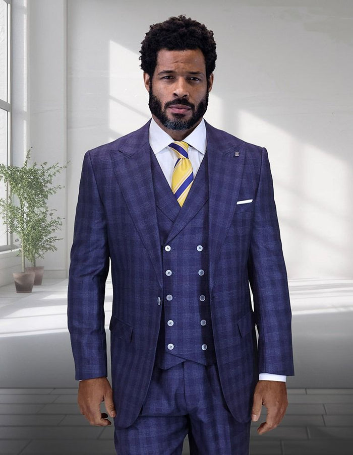Statement Mens Classic Fit 3 Piece 100% Wool Windowpane Plaid Suit – Wide Leg Pleated Pants