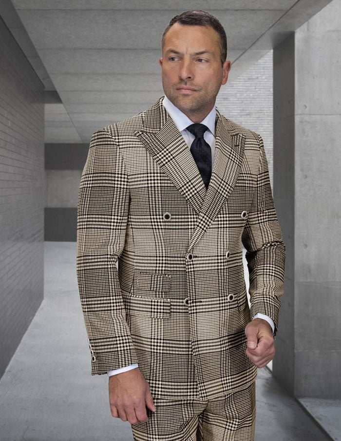 Statement Mens Modern Fit 2 Piece 100% Super 200s Wool Plaid Suit – Double Breasted Peak Lapel Jacket