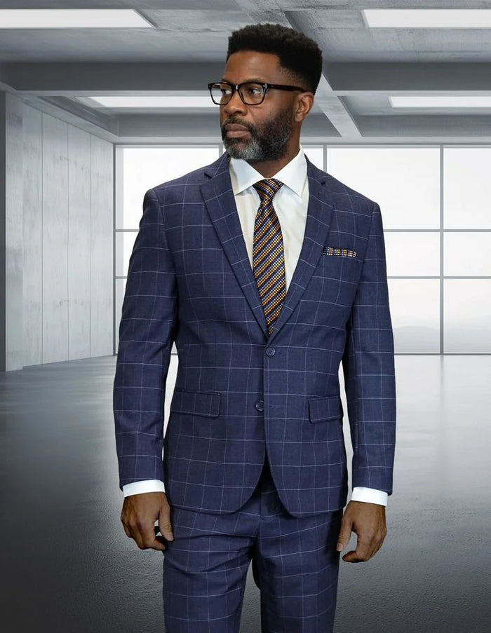 Statement Mens Modern Fit 2 Piece 100% Super 200s Wool Sharp Windowpane Plaid Suit – Single Breasted Notch Lapel Jacket