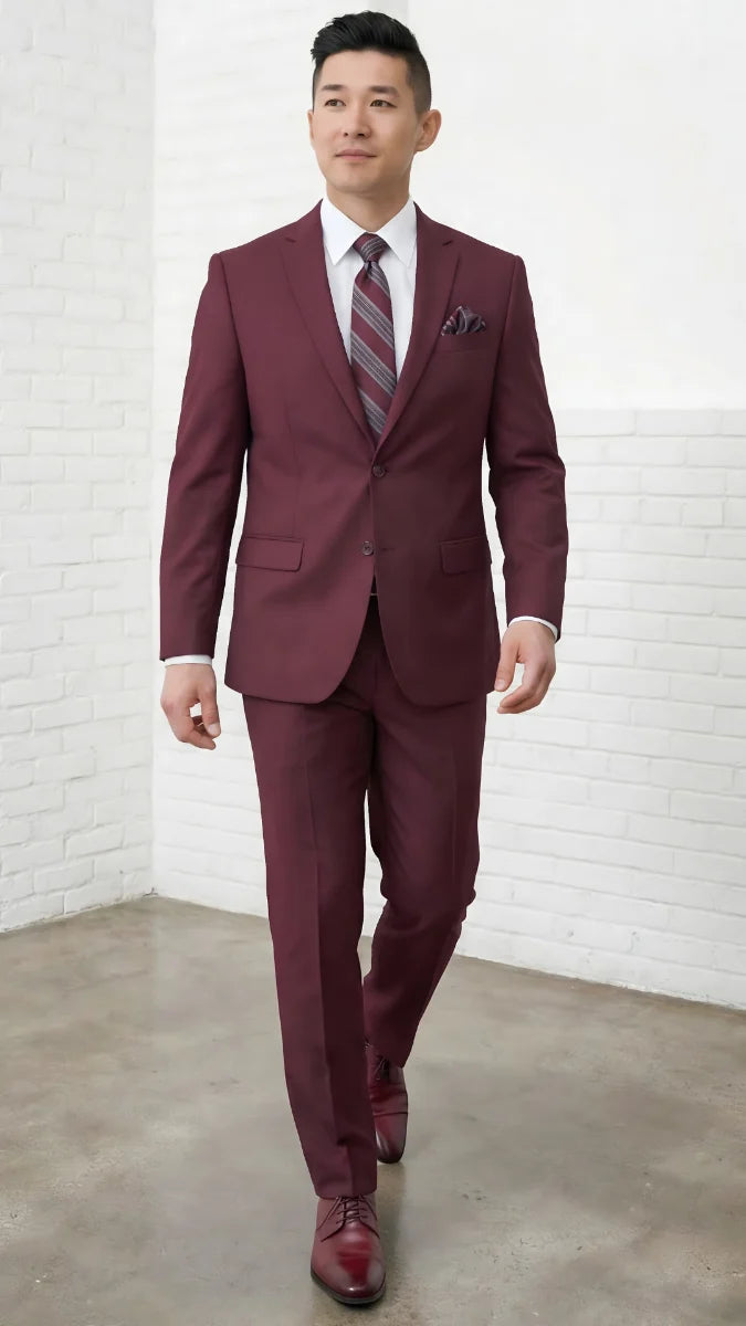 Statement Mens Modern Fit 2 Piece 100% Super 200s Wool Suit – Solid Colors, Notch Lapel Jacket