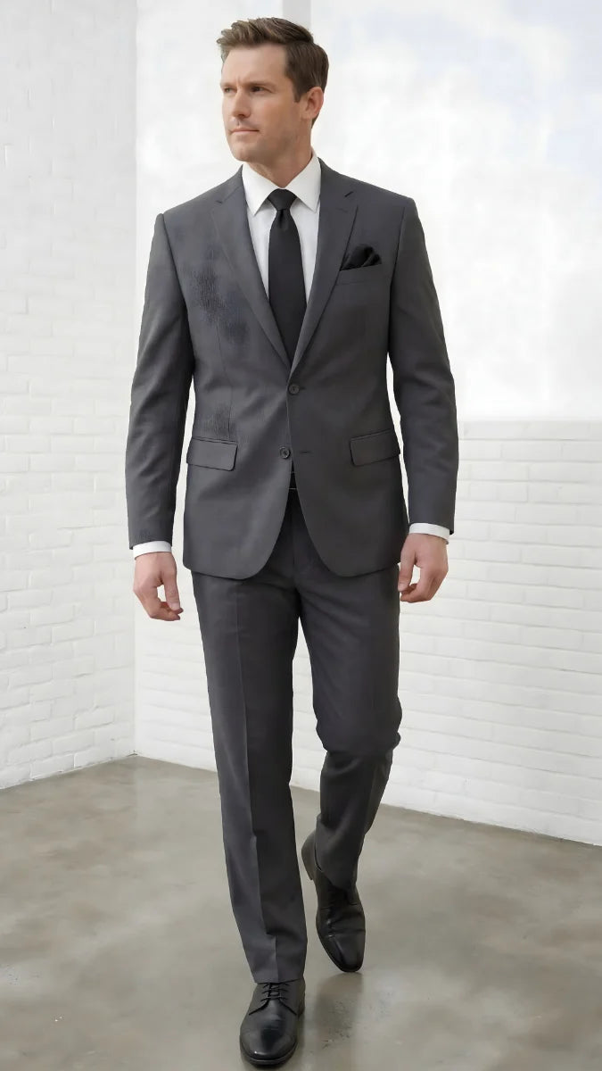 Statement Mens Modern Fit 2 Piece 100% Super 200s Wool Suit – Solid Colors, Notch Lapel Jacket
