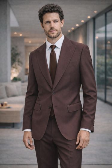 Statement Mens Modern Fit 2 Piece 100% Super 200s Wool Suit – Peak Lapel with Pick Stitching