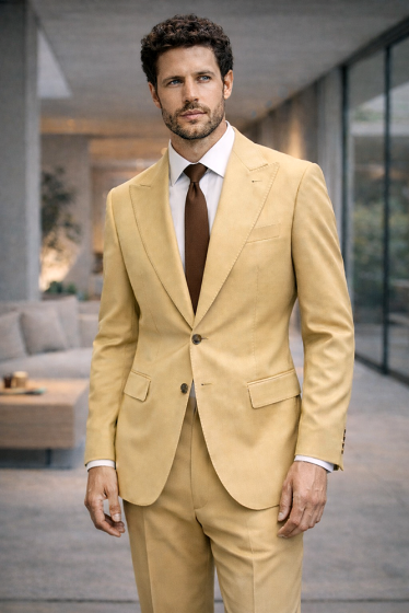 Statement Mens Modern Fit 2 Piece 100% Super 200s Wool Suit – Peak Lapel with Pick Stitching