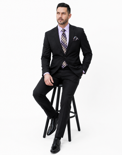 Statement Mens Modern Fit 2 Piece 100% Super 200s Wool Suit – Solid Colors, Notch Lapel Jacket