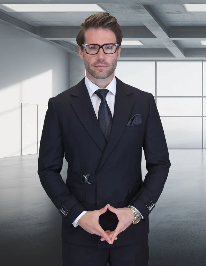Statement Mens Modern Fit 2 Piece 100% Wool Suit – Double Breasted Jacket with Metal Buckle Closure