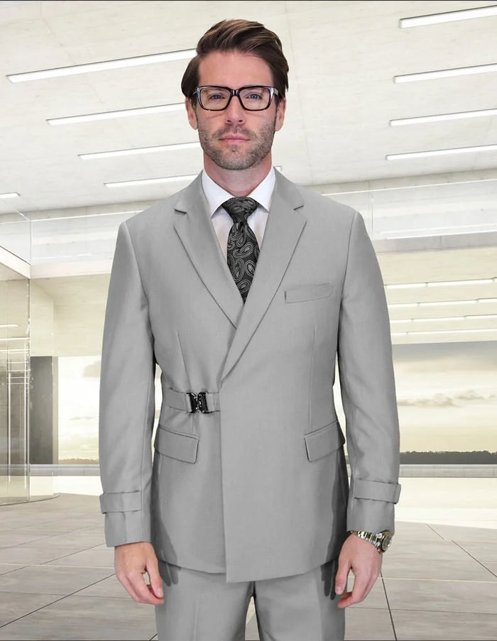 Statement Mens Modern Fit 2 Piece 100% Wool Suit – Double Breasted Jacket with Metal Buckle Closure