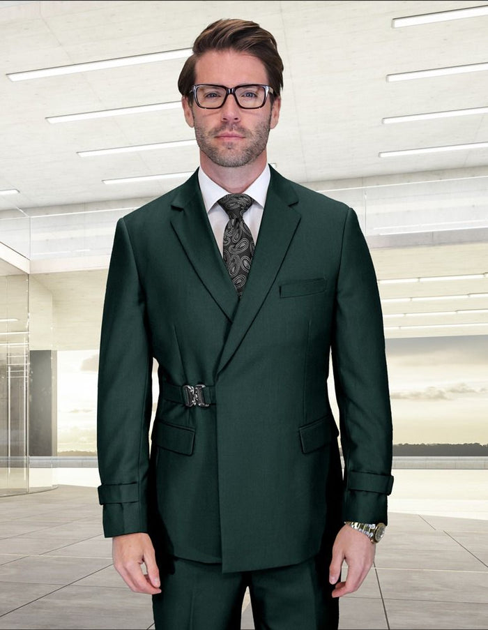 Statement Mens Modern Fit 2 Piece 100% Wool Suit – Double Breasted Jacket with Metal Buckle Closure