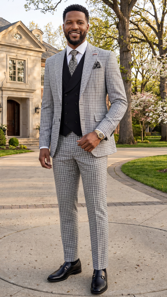 Statement Men's Modern Fit 3 Piece 100% Wool Gingham Suit – Peak Lapel, Double Breasted Vest