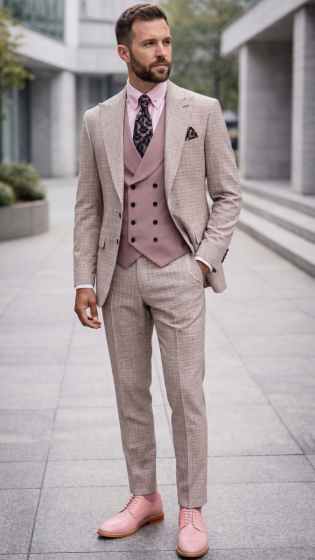 Statement Men's Modern Fit 3 Piece 100% Wool Gingham Suit – Peak Lapel, Double Breasted Vest