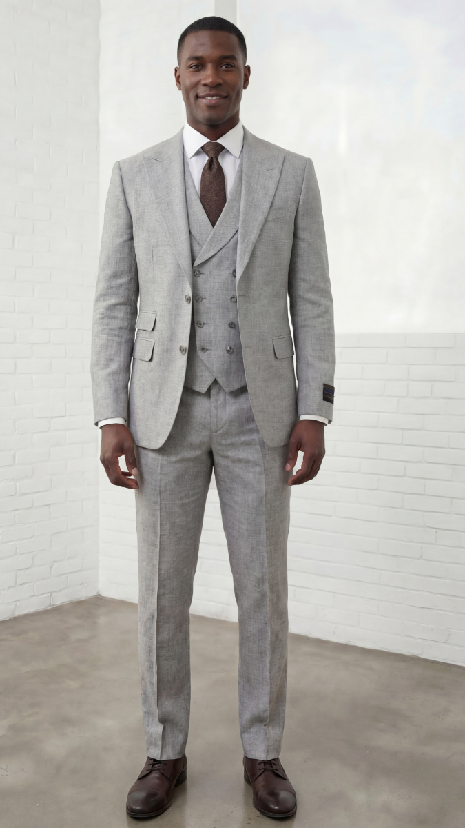 Statement Mens Modern Fit 3 Piece 100% Super 200s Wool Suit – Peak Lapel, Double Breasted Vest