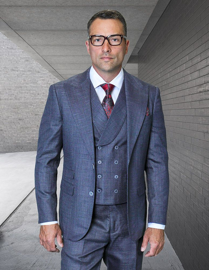 Statement Mens Modern Fit 3 Piece 100% Super 200s Wool Suit – Wide Peak Lapel, Double Breasted Vest