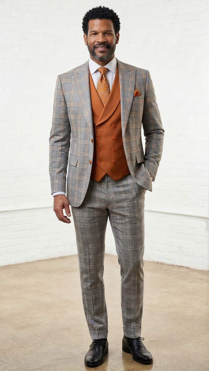 Man wearing a gray checkered suit with an orange vest and tie against a white background